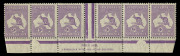 Kangaroos - CofA Watermark : 9d Violet Die IIB Plate 3 (First State) Ash imprint a strip of 6, with variety "Vertical white scratch over second 'N' of 'NINE'" [3L59], mild even toned gum, full perfs, MLH, BW: 29(3)z - Cat. $650 (as an imprint block of 4)