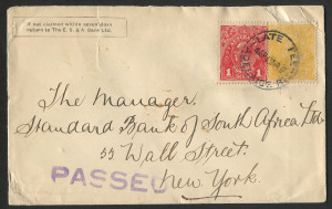 KGV Heads - Single Watermark : 4d Lemon-Yellow (plus 1d Red) on 1917 (Mar.17) inter-bank cover from Adelaide to New York, stamps tied by 'LATE FEE/ADELAIDE RLY' datestamp, 'PASSED' censor handstamp, opening tear on upper edge well clear of stamps; BW:110C - Cat. $600 on cover.