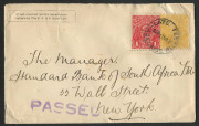 KGV Heads - Single Watermark : 4d Lemon-Yellow (plus 1d Red) on 1917 (Mar.17) inter-bank cover from Adelaide to New York, stamps tied by 'LATE FEE/ADELAIDE RLY' datestamp, 'PASSED' censor handstamp, opening tear on upper edge well clear of stamps; BW:110C