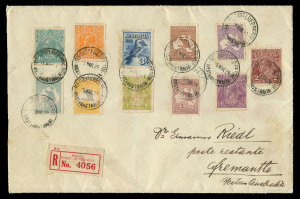 Kangaroos - Third Watermark : 5/- Grey & Yellow plus 10 other values including 2/- maroon & KGV 1/4d on 1929 (Mar.8) registered cover from Perth to Fremantle, stamps tied by 'REGISTERED PERTH' datestamps. Some attempts have been made to clean registration crayon lines, otherwise fine condition, Fremantle arrival backstamp. Third Wmk 5/- is rare on cover and unpriced thus by Brusden White.