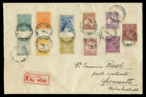 Kangaroos - Third Watermark : 5/- Grey & Yellow plus 10 other values including 2/- maroon & KGV 1/4d on 1929 (Mar.8) registered cover from Perth to Fremantle, stamps tied by 'REGISTERED PERTH' datestamps. Some attempts have been made to clean registration