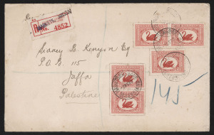 Other Pre-Decimals : 1929 (SG.116) 1½d WA Centenary (6) on 1930 (Feb.3) registered surface rate cover to Palestine, stamps tied/cancelled by MARKETS BRISBANE datestamps, George Street red/white registration label handstamped 'MARKETS BRISBANE', appropriate backstamps including 'REGISTERED/JAFFA' arrival cds. Unusual usage to a scarce destination for the period.