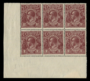 KGV Heads - Large Multiple Watermark : 1½d Chocolate lower-left corner block of 6 WATERMARK INVERTED, mounted in sheet margin only, stamps MUH, BW:86Ca - Cat. $1500+ (SG.52aw - Cat £720+)