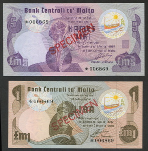 BANKNOTES - World : MALTA:1979 £1 & £5 'SPECIMEN' banknotes each numbered '006869', a/UNC.