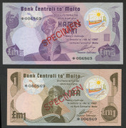 BANKNOTES - World : MALTA:1979 &pound;1 & &pound;5 'SPECIMEN' banknotes each numbered '006869', a/UNC.