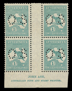 Kangaroos - Small Multiple Watermark : 1/- Blue-Green perf 'OS' Ash ('N' over 'A') Imprint block of 4, mild gumside toning, rich colour, lower units MUH, BW: 34b(4)z - Cat. $900+.