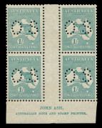 Kangaroos - Small Multiple Watermark : 1/- Blue-Green perf 'OS' Ash ('N' over 'A') Imprint block of 4, mild gumside toning, rich colour, lower units MUH, BW: 34b(4)z - Cat. $900+.