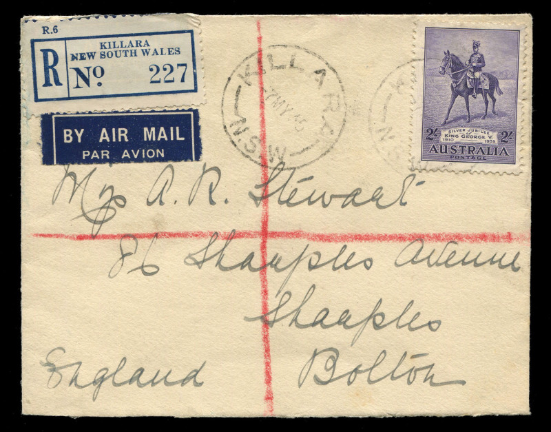 Other Pre-Decimals : 1935 (SG.158) rare solo franking of 2/- Jubilee (well centred, fine condition) on small 1935 (May 7) registered airmail cover to England, adhesive tied by KILLARA (NSW) datestamp, SYDNEY transit backstamps.