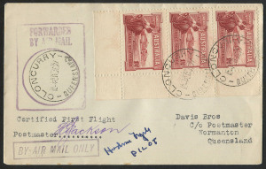 Aerophilately & Flight Covers : 1 July 1927 (AAMC.106) Cloncurry - Normanton cover, flown by QANTAS, with 1½d Canberra corner strip of 3 tied/cancelled by 'CLONCURRY/30JE27' datestamps, signed by pilot Hudson Fysh and by the postmaster. [150 flown].