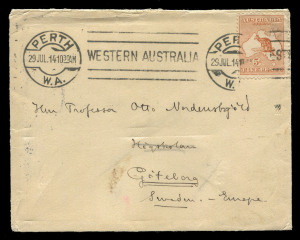 Kangaroos - First Watermark : 5d Chestnut ("Heavy eastern coastline", some "Shadowing of WA coastline"), solo usage paying double-rate on 1914 (July 29) 'Blue Funnel Line' envelope to Sweden, adhesive tied by PERTH machine cancel, GOTEBORG (Gothenburg) arrival backstamps (2 types), flap damage, otherwise fine; BW:16 - Cat. $1000 on cover.