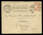 Kangaroos - First Watermark : 5d Chestnut ("Heavy eastern coastline", some "Shadowing of WA coastline"), solo usage paying double-rate on 1914 (July 29) 'Blue Funnel Line' envelope to Sweden, adhesive tied by PERTH machine cancel, GOTEBORG (Gothenburg) ar