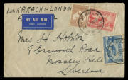 Kangaroos - Small Multiple Watermark : 6d Chestnut with Unlocated variety "Break in left frame near top", plus 2d & 3d Harbour Bridge on 1932 (Apr.9) "per Karachi-London" airmail cover to Liverpool, 'AIR MAIL/SYDNEY NSW' tying stamps (well clear of flaw o