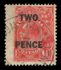 KGV Heads - Small Multiple Watermark Perf 13½ x 12½ : 2d on 1½d Golden Scarlet with spectacular printing error "Void area at left side of stamp", MANJIMUP (WA) datestamp; BW:101 - unlisted flaw. RPSofV Certificate (2021) states "it is genuine, showing printing flaw"