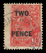 KGV Heads - Small Multiple Watermark Perf 13½ x 12½ : 2d on 1½d Golden Scarlet with spectacular printing error "Void area at left side of stamp", MANJIMUP (WA) datestamp; BW:101 - unlisted flaw. RPSofV Certificate (2021) states "it is genuine, showing pri