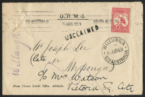 Kangaroos - First Watermark : 1d Red Die I perforated Large 'OS' used on 1914 (Jan.15) OHMS Adelaide local cover, re-directed with fine WILLUNGA arrival datestamp, 'UNCLAIMED' handstamp with 'DEAD LETTER OFFICE/ADELAIDE' datestamp on reverse; BW:2ba - Cat. $150 on cover.