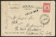 Kangaroos - First Watermark : 1d Red Die I perforated Large 'OS' used on 1914 (Jan.15) OHMS Adelaide local cover, re-directed with fine WILLUNGA arrival datestamp, 'UNCLAIMED' handstamp with 'DEAD LETTER OFFICE/ADELAIDE' datestamp on reverse; BW:2ba - Cat