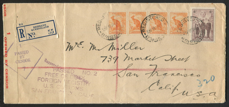 Other Pre-Decimals : 1940 (SG.199) AIF 6d Brown-Purple (plus ½d Roo x4), commercial usage on 1941 (Mar.18) registered surface rate cover to California, adhesives tied by REGISTERED BRISBANE datestamps, Brisbane '1' censor tape and 'PASSED BT CENSOR/7' han