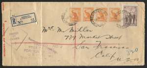 Other Pre-Decimals : 1940 (SG.199) AIF 6d Brown-Purple (plus ½d Roo x4), commercial usage on 1941 (Mar.18) registered surface rate cover to California, adhesives tied by REGISTERED BRISBANE datestamps, Brisbane '1' censor tape and 'PASSED BT CENSOR/7' handstamp, 'US Customs handstamps, appropriate backstamps including SAN FRANCISCO arrival cds, vertical fold well clear adhesives.