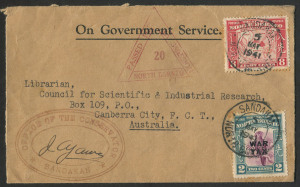 NORTH BORNEO : 1941 (May 5) 'Office of the Conservator/Sandakan' OGS cover to Canberra, with 8c Map & 2c War Tax tied by SANDAKAN datestamp, triangular 'PASSED FOR TRANSMISSION/20/NORTH BORNEO' censor handstamp, fine condition.