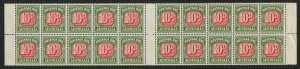 Postage Dues : 1958-60 (SG.139) No Wmk 10d Carmine & Deep Green interpane block of 20 (10x2), eleven units MUH, BW: D155 - Cat. $310+. Fresh multiple.