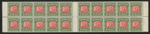 Postage Dues : 1958-60 (SG.139) No Wmk 10d Carmine & Deep Green interpane block of 20 (10x2), eleven units MUH, BW: D155 - Cat. $310+. Fresh multiple.