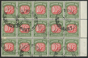 Postage Dues : 1958-60 (SG.139) No Wmk 10d Carmine & Deep Green marginal block of 15 (5x3), cancelled with multiple strikes of FORBES (NSW) cds; BW: D155 - Cat. $120+.