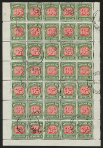 Postage Dues : 1958-60 (SG.134) No Wmk 3d Carmine & Deep Green large-part pane block of 35 (5x7) from base of the sheet with selvedge intact on 3 sides, upper-right unit variety ‘Colour joining second dot in right side of D to frame’, [Pos.26], cancelled 