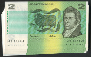 Decimal B/notes:Two Dollars : $2 Johnston/Fraser consecutive run of 30, serial nos LPQ 874320 to 874349, Unc.