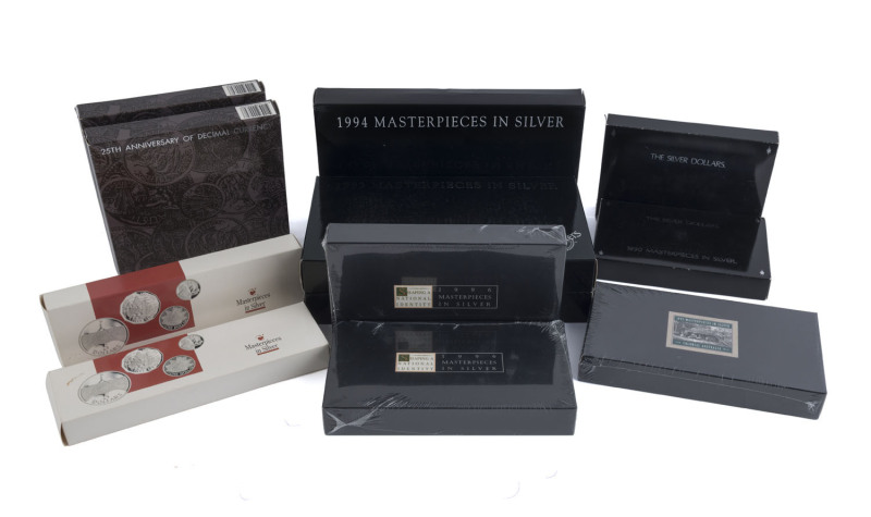 Silver : 1988-96 MASTERPIECES IN SILVER SELECTION: boxed sets comprising 1988 (2) 1990 'The Silver Dollars' (2), 1991 '25th Anniv. of Decimal Currency' (2), 1993 'The Explorers' (1), 1994 'The Explorers' (2), 1995 'Colonial Australia', 1996 National Ident