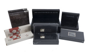 Silver : 1988-96 MASTERPIECES IN SILVER SELECTION: boxed sets comprising 1988 (2) 1990 'The Silver Dollars' (2), 1991 '25th Anniv. of Decimal Currency' (2), 1993 'The Explorers' (1), 1994 'The Explorers' (2), 1995 'Colonial Australia', 1996 National Identity (2); all in original packaging. (12)