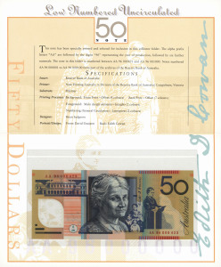 Decimal Banknotes : 1996 $5, $10, $20 & $50 set of matched low number banknotes all numbered 'AA 96000423' in red, each note in individual NPA folders, Cat $850