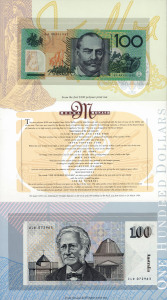 Decimal B/notes:Hundred Dollars : 1996 $100 Melba/Monash 'Last & First' Two-Note Portfolio with Fraser/Cole Last Prefix paper note 'ZLD 072963' and Fraser/Evans First Prefix polymer note 'AA 96001842'; 2000 porfolios issued; Unc.