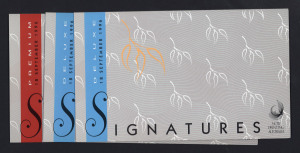 Decimal B/notes:Five Dollars : 1996 $5 "Signatures" commemorative folders (3) each folder containing two $5 banknotes with Fraser/Evans 'FE' prefix or Macfarlane/Evans 'ME' prefix notes, two folders with serial numbers in black, the other with serial number in red; Unc., Cat.$235. (3 folders)