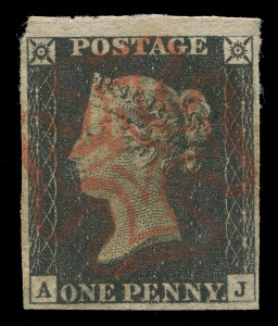 GREAT BRITAIN : 1840 (SG.2) 1d Black Plate 2 [AJ], complete margins (large at top), tidy Maltese Cross cancel in red, Cat £375.