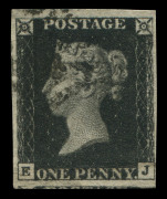 GREAT BRITAIN : 1840 (SG.2) 1d Black Plate 5 [EJ], complete margins (close at lower-right) with fragment of adjoining stamp evident at base, part-strike of Maltese Cross cancel in black, Cat &pound;375.