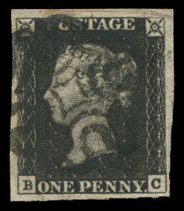 GREAT BRITAIN : 1840 (SG.2) 1d Black Plate 1B [BC], mostly large margins (close at lower right), cleanly-struck Maltese Cross cancel in black, Cat £375.