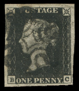 GREAT BRITAIN : 1840 (SG.2) 1d Black Plate 1B [BC], mostly large margins (close at lower right), cleanly-struck Maltese Cross cancel in black, Cat &pound;375.