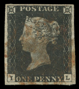GREAT BRITAIN: 1840 (SG.2) 1d Black Plate 6 [IL], complete margins, watery Maltese Cross cancel in red, Cat &pound;375.