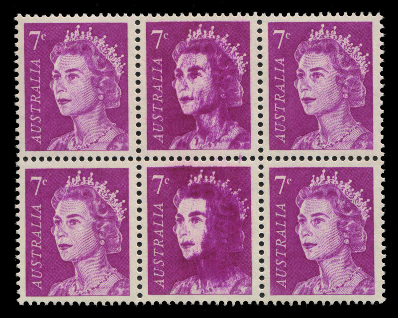 Decimal Issues : 1966-73 (SG.388a) QEII 7c block of 6 (3 x2) with progressive over-inking evidence on the two central units, resulting in a "Hairy-faced Queen" on the lower unit; four units MUH including the two variety stamps. Impressive flaw.