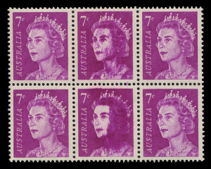 Decimal Issues : 1966-73 (SG.388a) QEII 7c block of 6 (3 x2) with progressive over-inking evidence on the two central units, resulting in a "Hairy-faced Queen" on the lower unit; four units MUH including the two variety stamps. Impressive flaw.