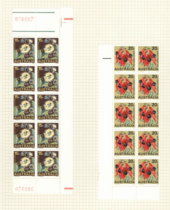 Decimal Issues : 1968-73 group of large multiples comprising 1968 Floral Emblems 6c to 30c in corner blocks of 10, the 13c, 15c, 25c & 30c with sheet numbers in red at base (the 25c with additional sheet number at top), 1969 Xmas 5c & 25c in sheet number