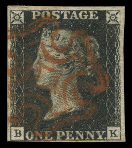 GREAT BRITAIN : 1840 (SG.2) 1d Black Plate 5 [BK], complete margins (tight at base), tidy Maltese Cross cancel in red, Cat £375.