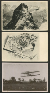 SWITZERLAND - Aerophilately & Flight Covers : 1927 Zurich "Internationales Flugmeeting" 25c & 40c illustrated Postal Cards, the former unused, the latter used with special slogan cancel tying stamp and adjacent strike of 'POSTA AEREA ZURIGO-BELLINZONA/22VIII27' datestamp; also France unused 1908 real-photo postcard of Wilbur Wright's 'L'Aeroplane' in flight. (3 items)