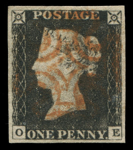 GREAT BRITAIN : 1840 (SG.2) 1d Black Plate 3 [OE], four balanced margins, neatly-struck Maltese Cross cancel in orange-red, Cat £500. Lovely example.