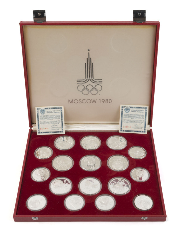 SILVER - world : RUSSIA: 1980 Moscow Olympics Silver Coin Proof set comprising fourteen 5 rouble and thirteen 10 rouble (one missing), silver coins, 5r coins weighing 16.5gr each, 10r coins weighing 33.5gr each, giving a total of 666gr of 90% silver; in o