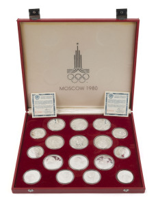 SILVER - world : RUSSIA: 1980 Moscow Olympics Silver Coin Proof set comprising fourteen 5 rouble and thirteen 10 rouble (one missing), silver coins, 5r coins weighing 16.5gr each, 10r coins weighing 33.5gr each, giving a total of 666gr of 90% silver; in original presentation case. (total 27 coins)