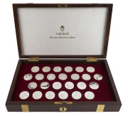 SILVER - world : COOK ISLANDS: 1988 "THE COINS OF THE GREAT EXPLORERS: Complete set of twenty-five '$50' sterling silver coins, in heavy wooden felt-lined "treasure chest"-style presentation box, total weight of coins 483gr of 92.5% silver, total face val
