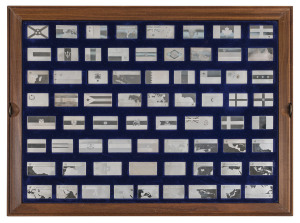 Medallions & Badges : STERLING SILVER - "THE FLAGS OF THE UNITED NATIONS INGOT COLLECTION": complete set of 135 proof ingots issued by Franklin Mint (1974) housed in two velvet-lined frames which fit into a wooden cabinet; mintage 7731, issue price US$1282.50, total weight 135oz (3.83kg) of 92.5% silver. (135)