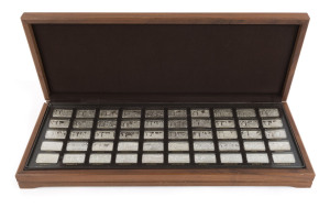 Medallions & Badges : STERLING SILVER - "1000 YEARS OF BRITISH MONARCHY": set of 50 silver ingots issued in 1973 by John Pinches (Medallists) featuring British monarchs from Edgar (AD 973) to Queen Elizabeth II, all contained within large felt-lined wooden presentation box; total weight 104 troy oz (3.234kg) of 92.5% silver.