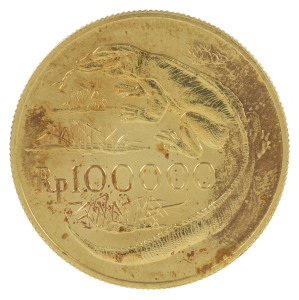 GOLD - world : INDONESIA: 1974 100000Rp, conservation mintage featuring Komodo Dragon, 33.43gr of 900/1000 gold, Unc.